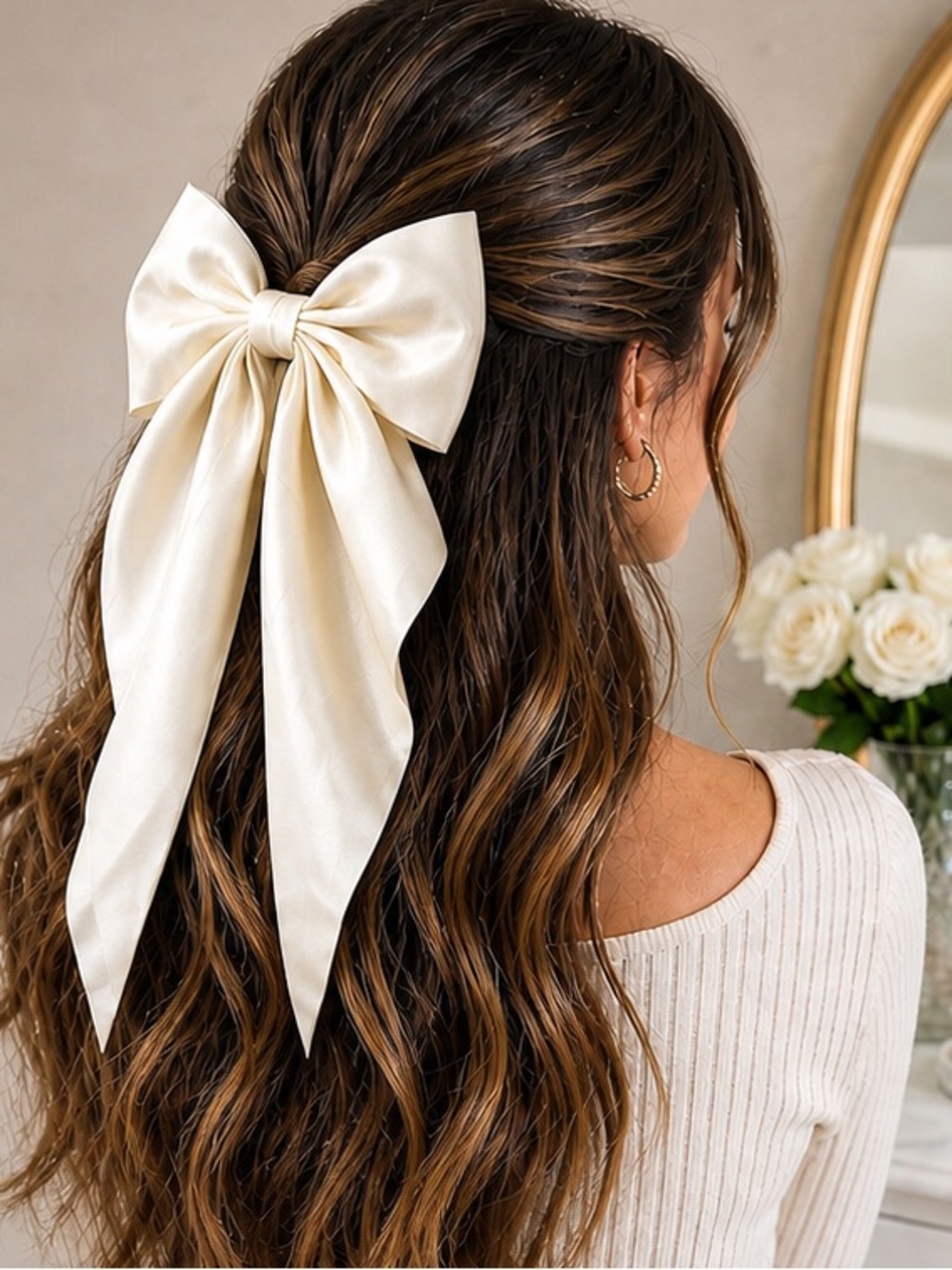 Oversized Satin Hair Bow Clip - Ivory